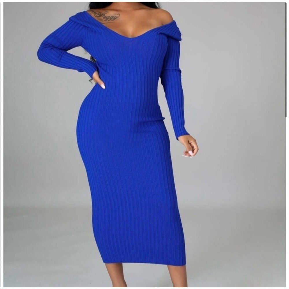 Hera Collection Women’s Royal Blue Ribbed Knit Long‎ Sleeve Midi Dress Size M